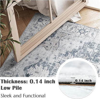 jinchan Kelda Runner Rug 3x8 Vintage Hallway Rug Kitchen Washable Runner Retro Floor Cover Lightweight Non-Slip Low Pile Thin Distressed Carpet for Entryway Bathroom Laundry Room Bedroom Stairway Grey