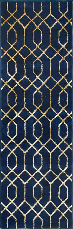 Marilyn Monroe Glam Collection Area Rug - Trellis (2' x 6' 1" Runner, Navy Blue Gold/ Gold)