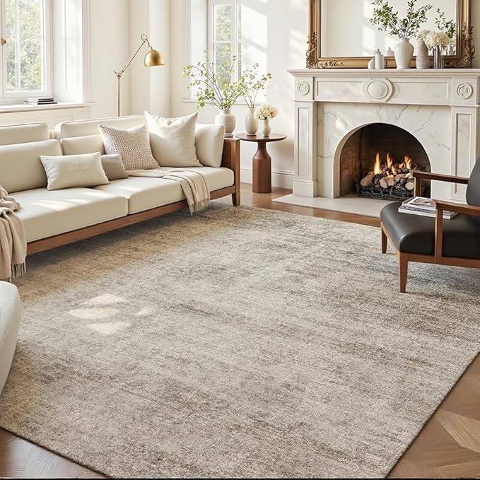 Area Rug 8x10 Washable Rug Beige for Living Room, Dining Room, Bedroom, Large Carpets, Non Slip & Non-Shedding Low Pile Vintage Print Rug for Home Office Decor