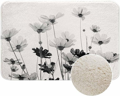 Cosmos Flowers Bathroom Mat Rugs Black and White Pattern Microfiber Faux Cashmere Thick Plush Bath Mat Non-Slip Water Absorbent Bath Carpet for Bathtub Bathroom Floor Tub 16X24 Inch