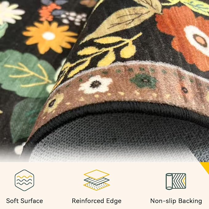 Floral 4x6 Area Rug Machine Washable Soft Print Boho Carpet Non Slip Doormat Low Pile Flower Area Rugs for Living Room Bedroom Nursery Kitchen Dining Room Indoor-Black/Yellow/Red