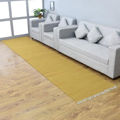 Rugsotic Carpets Hand Woven Flat Weave Kilim Wool ECO-Friendly Area Rugs - 2'6"x8', Runner Shape, Gold Color, Solid Plain Design, Low Pile Handmade Area Rugs for Living Room, Bed Room (D00111)