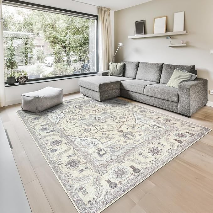 GLN Rugs Traditional Collection - Machine Washable Area Rug, Traditional Washable, Non Slip, Low Pile Chenille Rug, Living Room, Bedroom, Kitchen Rug (8' x 10' Cream/Gray)