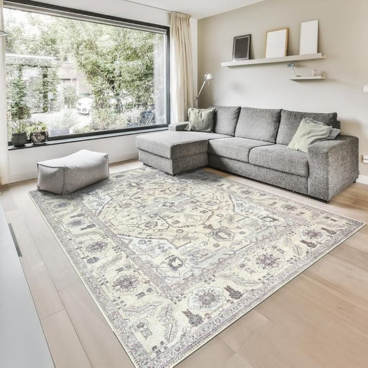 GLN Rugs Traditional Collection - Machine Washable Area Rug, Traditional Washable, Non Slip, Low Pile Chenille Rug, Living Room, Bedroom, Kitchen Rug (8' x 10' Cream/Gray)