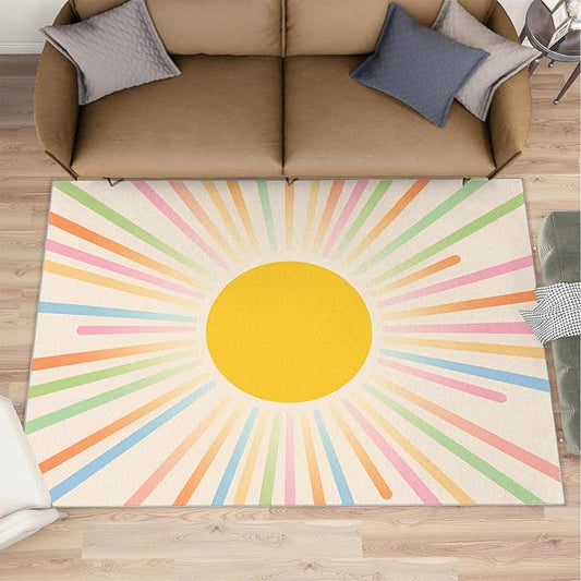 Boho Sun Area Rugs 4x6ft, Minimalist Sunburst Carpet for Bedroom, Abstraction Deco Rug for Living Room Easy to Clean for Indoor Outdoor Hardwood Floors Home Decor