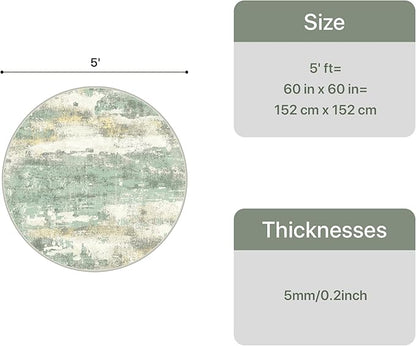 GENIMO Round Area Rugs 5FT for Living Room, Washable Circle Rug Low Pile, Non Slip Abstract Carpet for Bedroom, Enytryway, Kitchen, Light Green