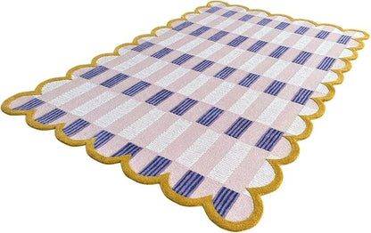 Hand-Tufted Wool Rug with Scalloped Edges, Light Blue Plaid Pattern, Cozy Soft Area Rug for Living Room, Bedroom, and Nursery, Handmade Modern Accent Rug (Pink, 9X13 FEET)