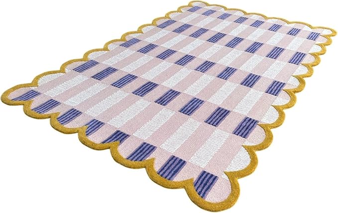 Hand-Tufted Wool Rug with Scalloped Edges, Light Blue Plaid Pattern, Cozy Soft Area Rug for Living Room, Bedroom, and Nursery, Handmade Modern Accent Rug (Pink, 4X6 FEET)