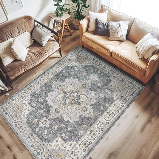 jinchan Area Rug 5x7 Vintage Washable Bedroom Rug Floral Medallion Lightweight Non Slip Thin Retro Classic Soft Boho Floor Cover Farmhouse Carpet for Living Room Dining Room Kitchen Grey