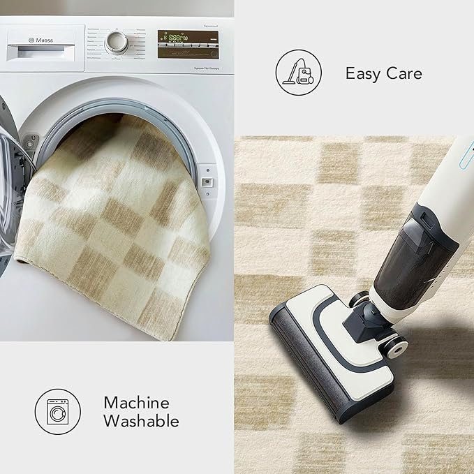 EVERGRACE Checkered Plaid Area Rug 2x10, Soft Fuzzy Faux Wool Rugs Washable Anti Slip Rugs Long Runner Rug Carpet for Entryway Bedroom Living Room Hallway Kitchen Dining Room and Laundry Room, Beige