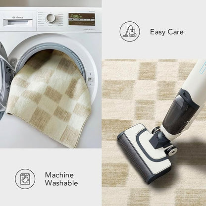 EVERGRACE Checkered Plaid Area Rug 2x3, Soft Fuzzy Faux Wool Rugs Washable Anti Slip Rugs Small Rug Carpet for Entryway Bedroom Living Room Hallway Kitchen Dining Room and Laundry Room, Beige