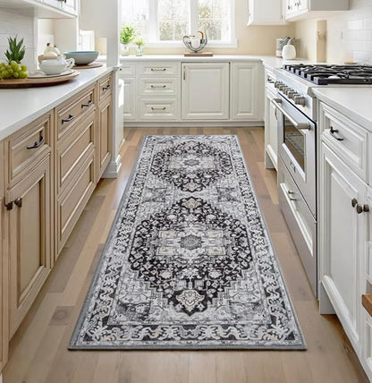 Runner Rug 2×6, Machine Washable Vintage Non-Slip Area Rug, Low Pile, Decorative Carpet Printed Floral Rugs for Living Room, Entryway, Kitchen, Bedroom, Black