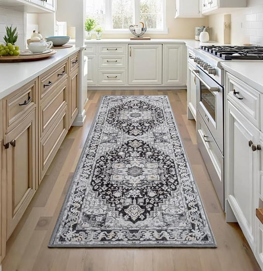 Runner Rug 2×6, Machine Washable Vintage Non-Slip Area Rug, Low Pile, Decorative Carpet Printed Floral Rugs for Living Room, Entryway, Kitchen, Bedroom, Black