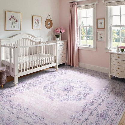 Wonnitar Floral Print 8x10 Washable Rug, Purple Bow Room Decor for Girls Bedroom, Ultra-Thin Non Slip Soft 8 x 10 Large Boho Carpet for Living Room Baby Nursery Kids Playroom