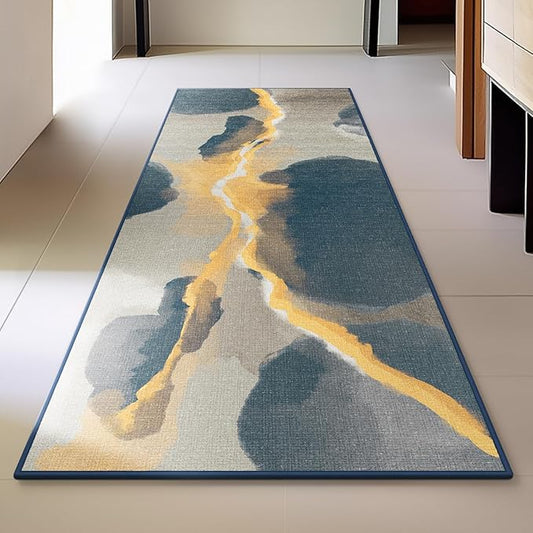 Phantoscope Washable Runner Rug 2'x6' Non-Slip, Modern Boho Hallway Rugs for Entryway, Stair, Bedroom, Dining Room, Cloudscape Golden Horizon Pattern, Low-Pile Foldable Floor Carpet, Deep Grey/Gold