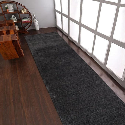 Hand Knotted Loom Wool ECO-Friendly Area Rugs - 2'6''x10', Runner, Charcoal Color, Solid Plain Design, High Pile Handmade Anti Skid Area Rugs for Living Room, Bed Room (L00111)