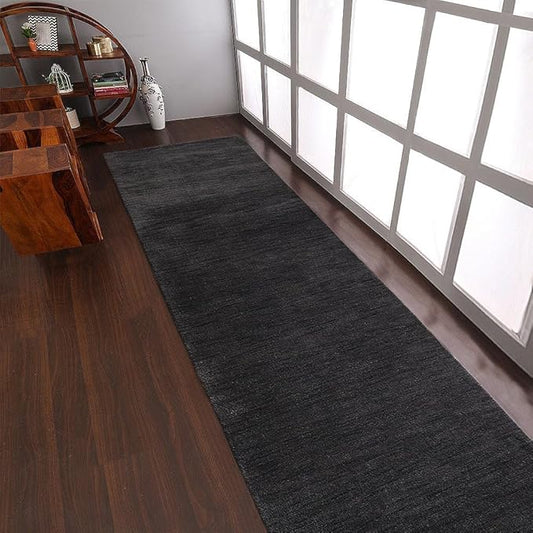 Hand Knotted Loom Wool ECO-Friendly Area Rugs - 2'6''x10', Runner, Charcoal Color, Solid Plain Design, High Pile Handmade Anti Skid Area Rugs for Living Room, Bed Room (L00111)
