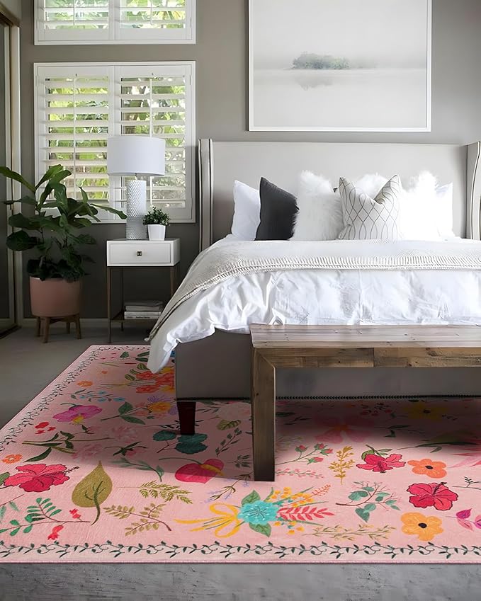 Area Rug 9x12, Washable Large Rugs for Living Room, Non Slip 0.27" Low Pile Vintage Floral Large Carpet for Bedroom, Dining Room, Kids Playroom (Pink)