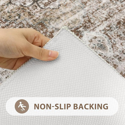 Uphome Bathroom Runner Rug, Distressed Farmhouse Boho Khaki Bath Mat, Non Slip Washable Long Bath Rugs, Vintage Traditonal Soft Velvet Bathroom Runner for Bathtub Sink Shower, 18x47 inch
