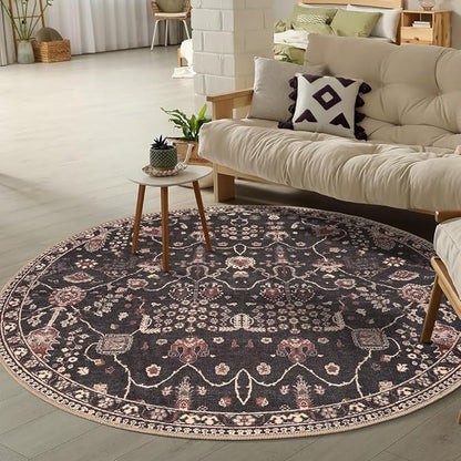 GLN Rugs Traditional Collection - Machine Washable Area Rug, Traditional Washable, Non Slip, Low Pile Chenille Rug, Living Room, Bedroom, Kitchen Rug (5'3" Round Black)