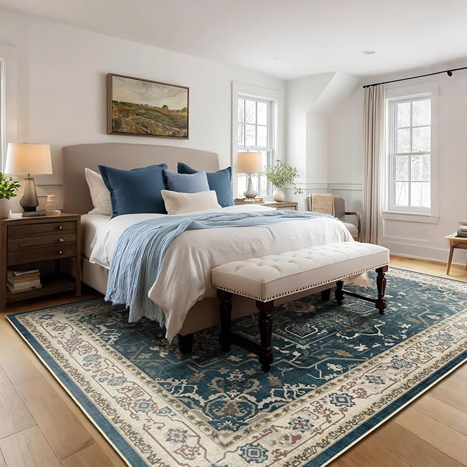Distressed Farmhouse Area Rugs 6x9 for Living Room, Low Pile Thin Rugs for Bedroom Manchine Washable Non Slip, Medallion Pinted Carpet for Dining Room Guest Room Home Office, Deep Blue/Multi