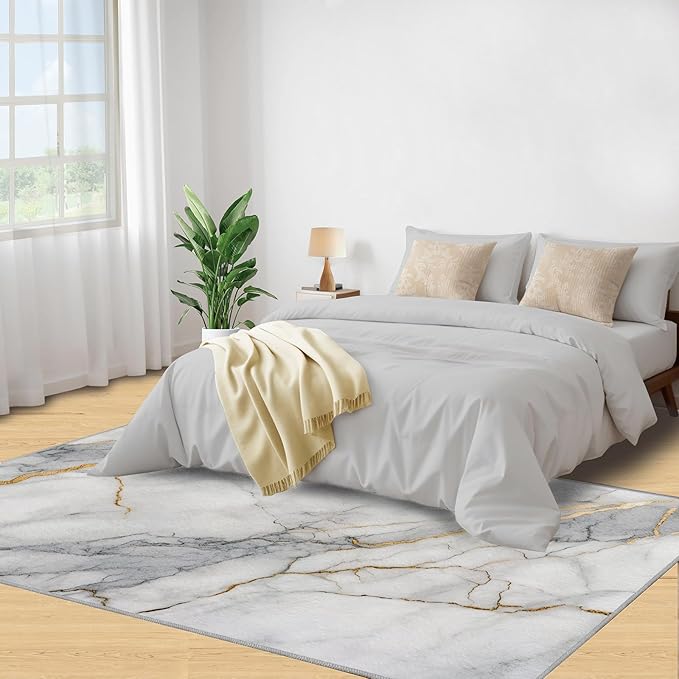 3x5 Abstract Marble Dorm Rug - White-Marble Small Rugs for Bedroom, Modern Luxury Area Rug Washable Non Slip for Bedroom Kitchen Living Room Entryway