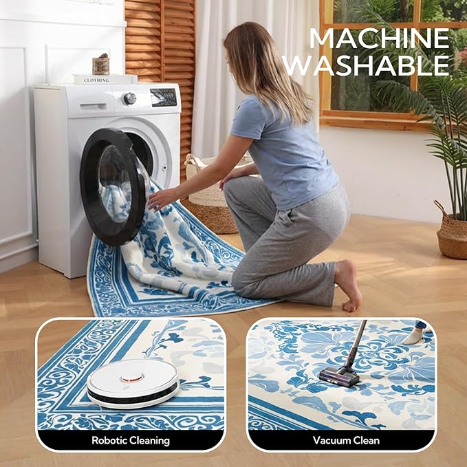 SOULFUL Medium Pile 4x6 Rugs for Living Room - Soft Foot Feel Area Rug - Blue Boho Floral - Washable Non-Slip - Perfect for Bedroom Kids Room Under Dining Table Office