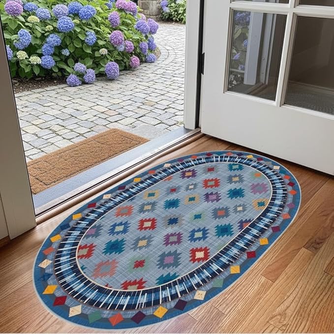 Funky Vintage Blue Red Orange Geometric Texture Indoor Area Rug for Living Room Bedroo Dining Room Faux Wool Soft Low Pile Oval Rugs 5x8 Entrance Nursery Farmhouse Rustic Country Home Office Carpet