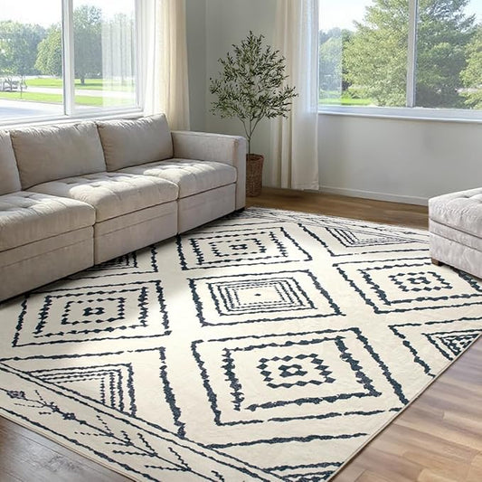 Area Rug 5x7 Rug Machine Washable Non-Slip Low Pile Print Pattern Western Rug for Living Room Bedroom Entryway Tribal Series -Navywhite/Black