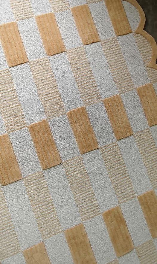Hand-Tufted Wool Area Rug with Scalloped Edges, Beige and Green Plaid Pattern, Cozy and Soft Accent Rug for Living Room, Bedroom, and Nursery, Handmade Decorative Rug