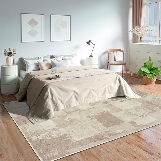 GLN Rugs Contemporary Collection - Machine Washable Area Rug, Contemporary Washable, Non Slip, Low Pile Chenille Rug, Living Room, Bedroom, Kitchen Rug (5' x 7' Abstract Tan)