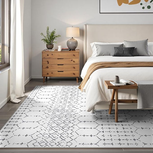 Lahome Moroccan 9x12 Washable Area Rug - Non-Slip Washable Ultra-Thin Soft Large Rug for Living Room, Modern Geometric Print Stain Resistant Carpet for Bedroom Dining Room, White