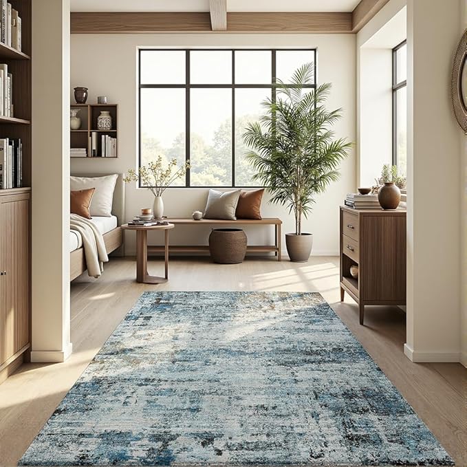 Area Rug 5x7 Washable Rug Blue for Living Room, Dining Room, Bedroom, Large Carpets, Non Slip & Non-Shedding Low Pile Vintage Print Rug for Home Office Decor