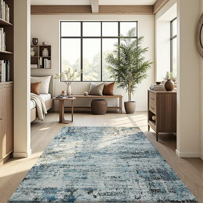 Area Rug 5x7 Washable Rug Blue for Living Room, Dining Room, Bedroom, Large Carpets, Non Slip & Non-Shedding Low Pile Vintage Print Rug for Home Office Decor
