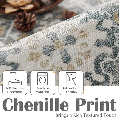 jinchan Area Rug 5x7 Washable Living Room Rug Vintage Distressed Gray Multi Floral Floor Cover Indoor Mat Retro Carpet Bedroom Kitchen Office Farmhouse Grey