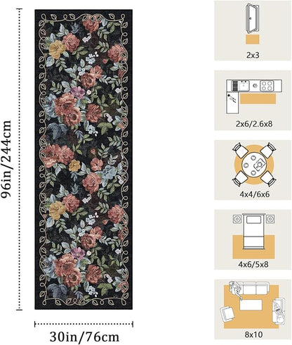 2'6''x8' Machine Washable Runner Rug, Kitchen Hallway Area Rug Black Vintage Boho Floral Ultra Non-Slip Low Pile Soft Faux Wool Carpet, Kids and Pets Friendly for Bedroom Entryway Nursery Decor Rug