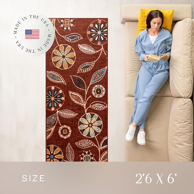 Maples Rugs Reggie Floral Runner Rug - Made in USA - Washable, Non Slip Indoor Carpet for Kitchen, Hallway, and Laundry Room, 2'6" x 8', Merlot