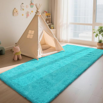 Teal Blue Rug Fluffy Rugs, 3x5 Teal Area Rugs for Bedroom, Soft Cute Baby Play Mat, Indoor Floor Carpet for Teen, Nursery, Preppy Dorm, Plush Aesthetic Bedside Rug