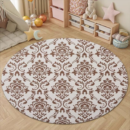 Oriental Tribal Floral Round Rug Vintage Brown Pattern Area Rug Washable Soft Non-Slip Floor Carpet Low Pile Accent Rugs for Entryway Living Room Dining Room Bedroom Home Office 8ft