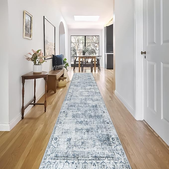 Morebes Vintage Hallway Runner Rug 12 ft, Extra Long Washable Kitchen Rug Runner Non-Slip, Soft Indoor Floor Throw Carpet for Hall Living Room Dining Room Office Farmhouse, Blue-Gray