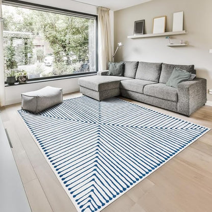 GLN Rugs Contemporary Collection - Machine Washable Area Rug, Contemporary Washable, Non Slip, Low Pile Chenille Rug, Living Room, Bedroom, Kitchen Rug (6' x 9' Blue Ivory)