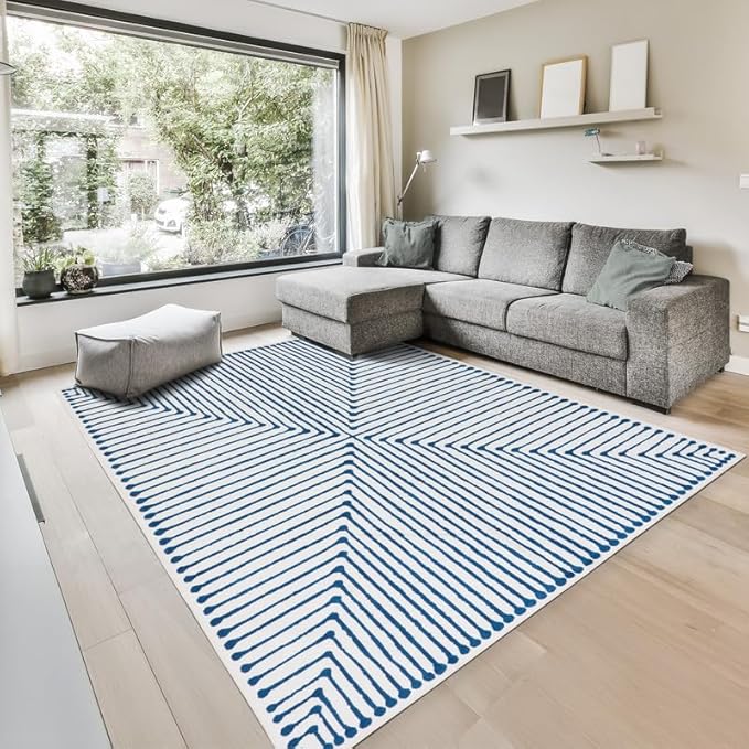 GLN Rugs Contemporary Collection - Machine Washable Area Rug, Contemporary Washable, Non Slip, Low Pile Chenille Rug, Living Room, Bedroom, Kitchen Rug (9' x 12' Blue Ivory)
