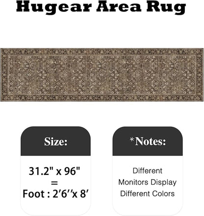 HUGEAR 2'6''x8 Runner Rug Machine Washable Brown Hallway Area Rug Indoor Accent Rugs Floral Low Pile Carpet Soft Throw Rugs Bedroom Living Room Office Dining Kitchen Laundry Non Slip