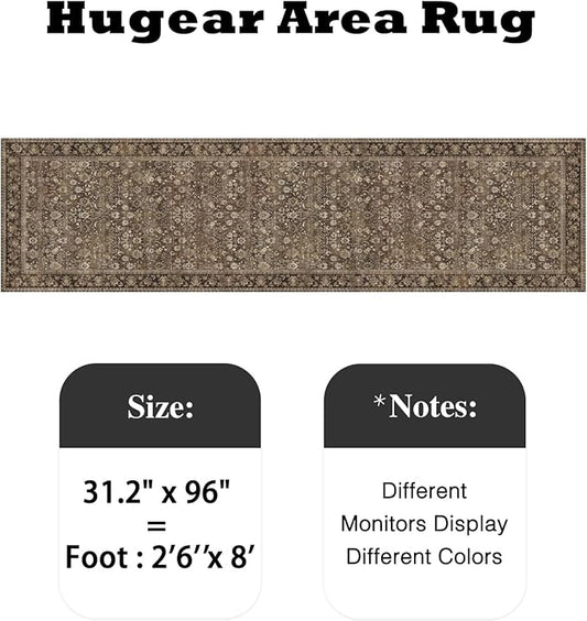 HUGEAR 2'6''x8 Runner Rug Machine Washable Brown Hallway Area Rug Indoor Accent Rugs Floral Low Pile Carpet Soft Throw Rugs Bedroom Living Room Office Dining Kitchen Laundry Non Slip