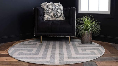 Unique Loom Athens Collection Classic Geometric Modern Border Design Area Rug (8' 0 x 8' 0 Round, Gray/ Beige)