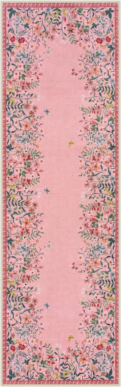 Lahome Boho Floral 2'6"x8 Pink Bathroom Runner Rugs Non Slip Washable,Soft Runners for Hallways,Indoor Carpet Runner with Rubber Backing for Entryway Kitchen Laundry(Pink,2'6"x8)