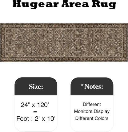 HUGEAR 2x10 Runner Rug Machine Washable Brown Hallway Area Rug Indoor Accent Rug Floral Low Pile Carpet Soft Throw Rug Bedroom Living Room Office Dining Room Kitchen Laundry Room Non Slip