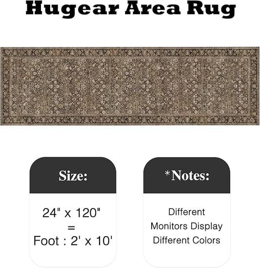 HUGEAR 2x10 Runner Rug Machine Washable Brown Hallway Area Rug Indoor Accent Rug Floral Low Pile Carpet Soft Throw Rug Bedroom Living Room Office Dining Room Kitchen Laundry Room Non Slip