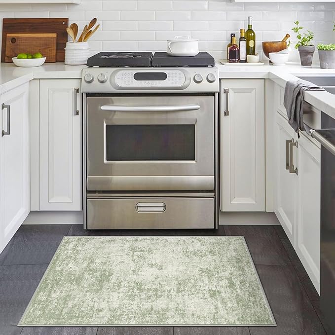 Modern Abstract Entryway Rug Indoor 2x3 Washable Non-Slip Soft Sage Green Grey Small Area Rug Kitchen Mat Thin Print Faux Wool Floor Carpet for Entrance Bedroom Office