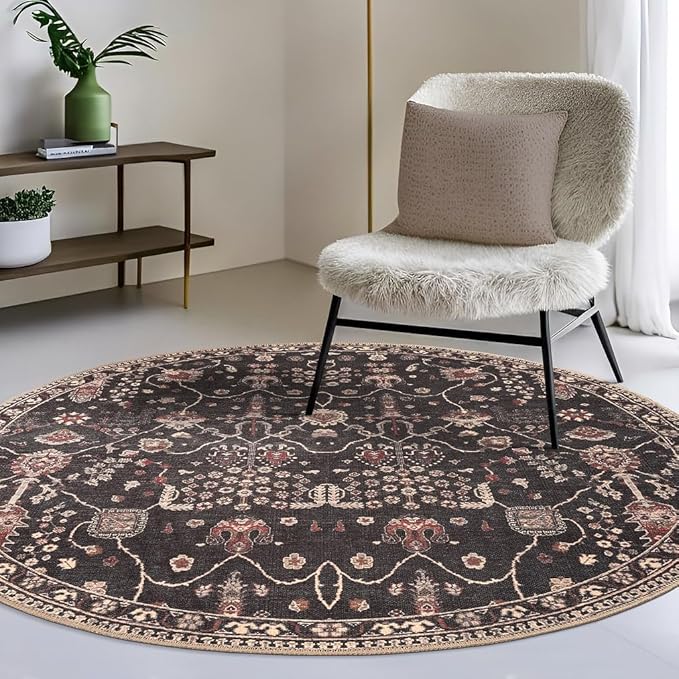 GLN Rugs Traditional Collection - Machine Washable Area Rug, Traditional Washable, Non Slip, Low Pile Chenille Rug, Living Room, Bedroom, Kitchen Rug (5'3" Round Black)